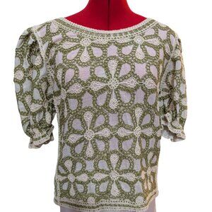 Anthropologie Solitaire Embroidered Blouse – Green & Ivory